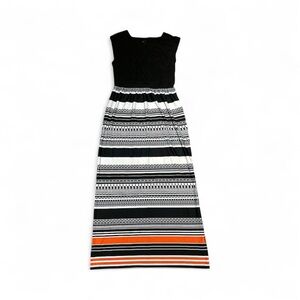 AB Studio black, white, and orange sleeveless maxi dress